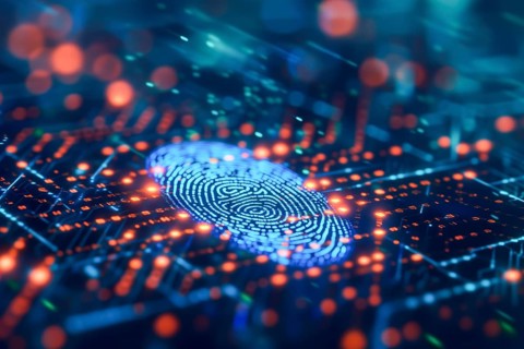A fingerprint on a glowing blue circuit symbolises advanced security technology, biometric