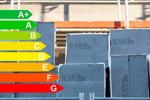 Insulation of a house facade with Polystorol insulation boards, graphic with energy efficiency