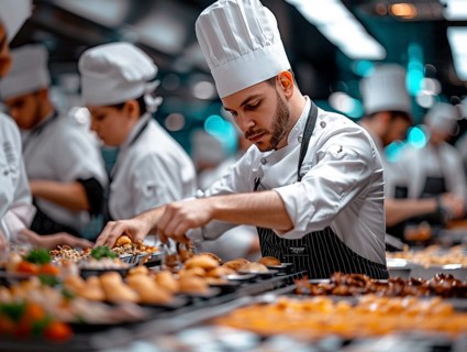 Chefs in a commercial kitchen at work, AI generated