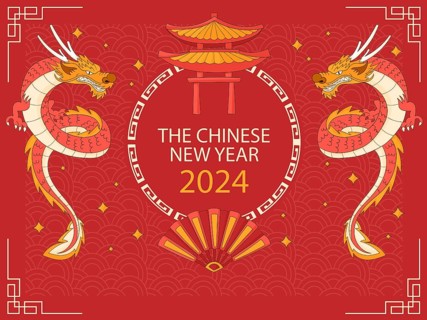 A festive Chinese New Year 2024 design with dragons and traditional red and gold decorations