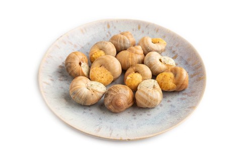 Grape (Burgundy) snails with butter and cheese isolated on white background. Side view
