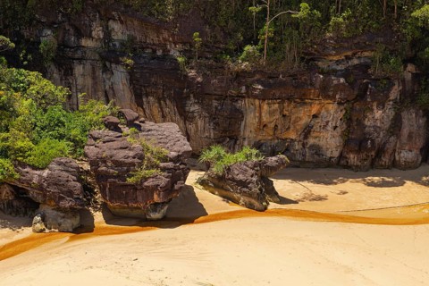 Bako national park, sea sandy beach, sunny day, blue sky and sea. Vacation, travel, tropics