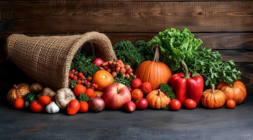 A cornucopia overflowing with fresh vegetables on a wooden background signifies abundance, AI