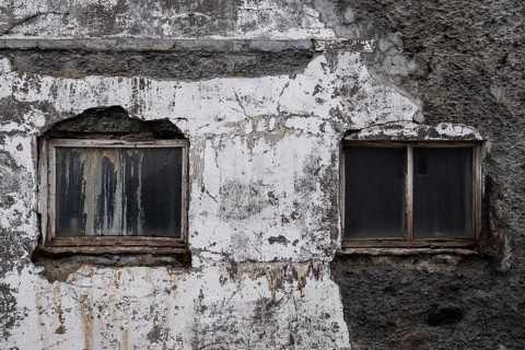 Window, herring factory Djupavik, Reykjarfjoerour, Strandir, Arnes, Westfjords, Iceland, Europe