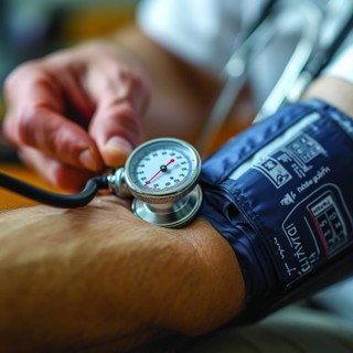 A man checks his blood pressure with a measuring device. Avoidance of bulk hypertension, scarcity,