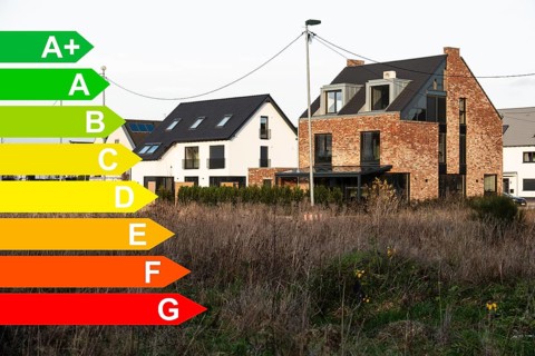 New development area, graphic with energy efficiency classes for buildings according to the GEG,