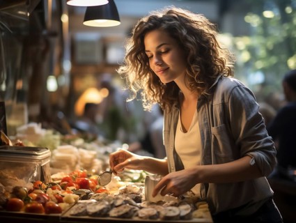 Young woman shopping in supermarket, at the cheese counter, meat counter, fruit stand, bakery, fish