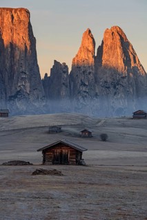 Hut on alp in front of steep mountains in the morning light, hoarfrost, Alpe di Siusi, behind