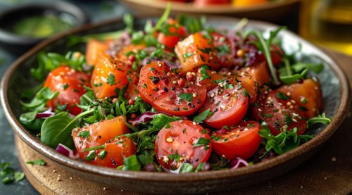 Vibrant heirloom Mediterranean tomato salad with arugula, red onion and a drizzle of balsamic