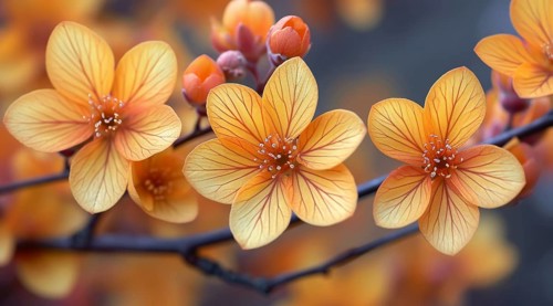 Vivid Berberis thunbergii orange flowers with detailed stamens against a blurred background, AI