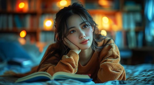 Relaxed woman in casual clothing resting her chin on her hand, thoughtful and at ease at home, AI