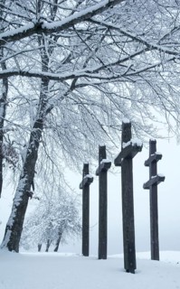 Plague crosses near Emmingen from Egg, Winter, Tuttlingen, Swabian Alb, Baden-Wuerttemberg,