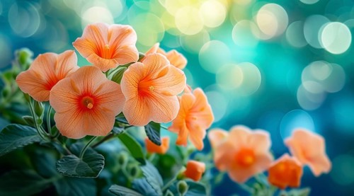 Orange campsis summer jazz trumpet flowers with shimmering bokeh lights on a teal backdrop, AI