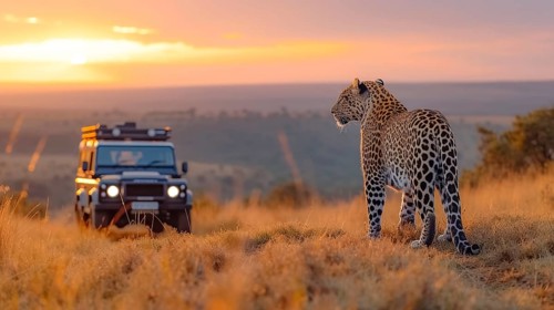 Leopard (Panthera pardus) in natural environment with Jeep, Landrover, AI generated