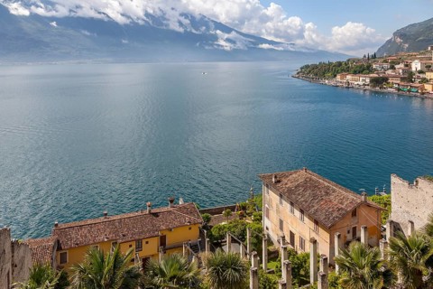 View over the Limonaia del Castel to Lake Garda and the Garda mountains, Limone sul Garda,