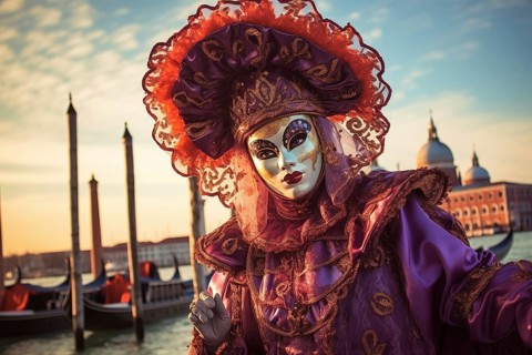 A person adorned in a richly detailed and colorful carnival costume, complete with an elaborate