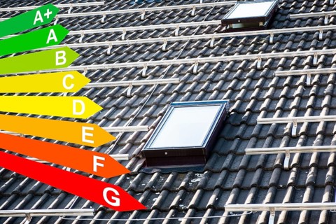 Mounted brackets for solar panels on the roof of a house, graphic with energy efficiency classes