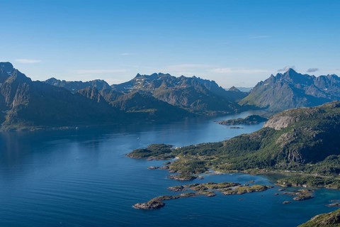 Fjord Raftsund and mountains, view from the top of Dronningsvarden or Stortinden, Vesteralen,
