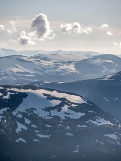 Mountain peak with Jostedalsbreen glacier, view from the summit of Skala, Loen, Norway, Europe