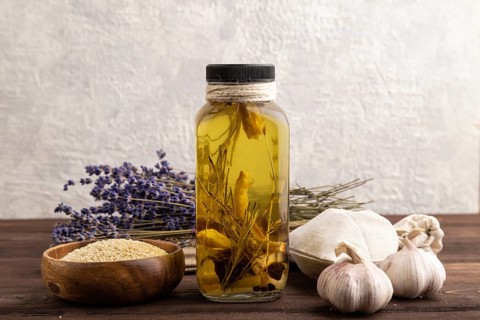 Sunflower oil in a glass jar with various herbs and spices, lavender, sesame, rosemary on a brown