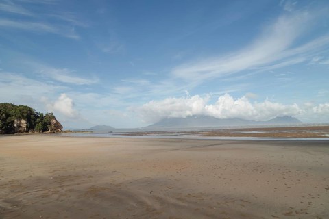Bako national park, sea sandy beach, sunny day, blue sky and sea. Vacation, travel, tropics