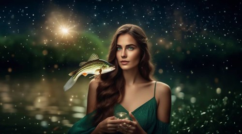 Young woman Pisces according to the zodiac sign with brown hair and blue eyes with a fish in her