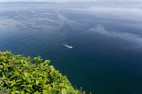Coastal seascape, fishing boat in fog, Gulf of Saint Lawrence, Province of Quebec, Canada, sea,