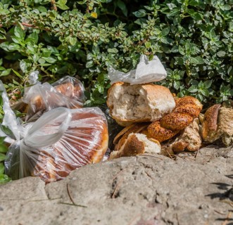Various types of discarded bread in laying in bushes in Istanbul, Tuerkiye