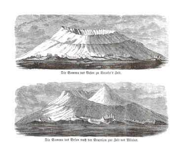 Comparison of two views of a volcanic crater, Vesuvius, Vesuvio or Vesuvius, black and white