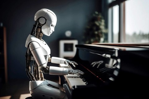 AI android robot playing piano. KI generiert, AI generated