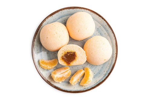 Japanese rice sweet buns mochi filled with jam isolated on white background. top view, flat lay,