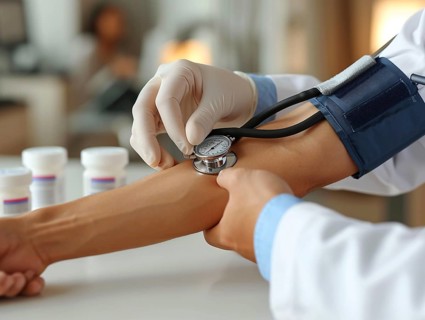A man checks his blood pressure with a measuring device. Avoidance of bulk hypertension, scarcity,