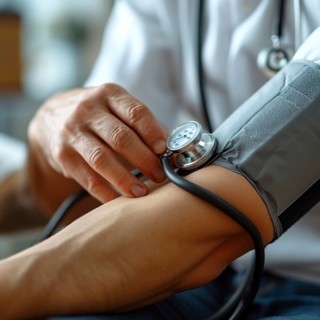 A man checks his blood pressure with a measuring device. Avoidance of bulk hypertension, scarcity,