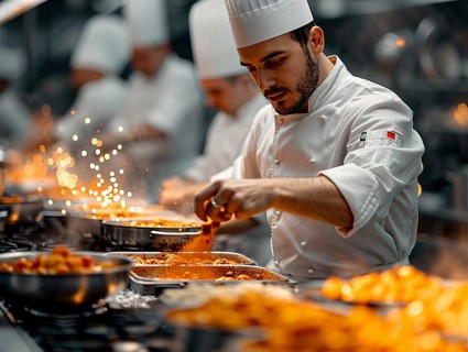 Chefs in a commercial kitchen at work, AI generated