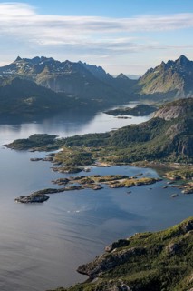 Fjord Raftsund and mountains, view from the top of Dronningsvarden or Stortinden, Vesteralen,
