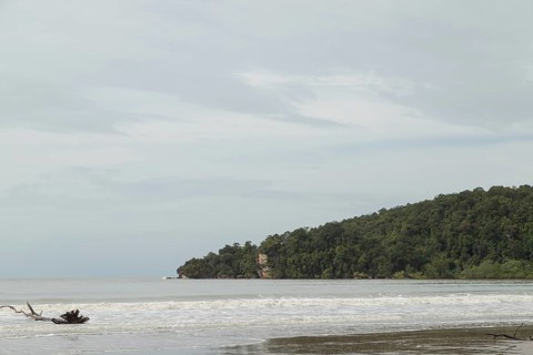 Bako national park, sea sandy beach, overcast, cloudy day, sky and sea. Vacation, travel, tropics