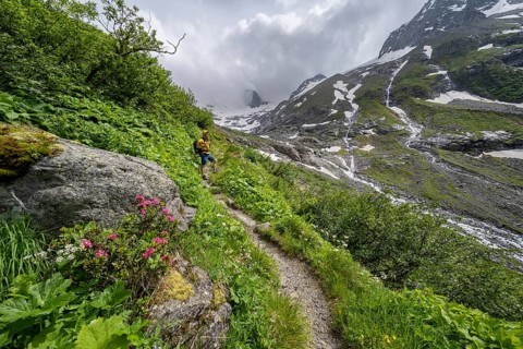Mountaineer on a hiking trail, green mountain valley Floitengrund with mountain stream Floitenbach,