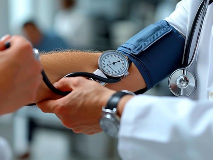 A man checks his blood pressure with a measuring device. Avoidance of bulk hypertension, scarcity,