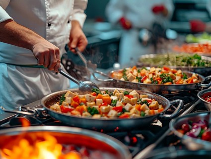 Chefs in a commercial kitchen at work, AI generated