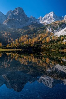 Mountains reflected in mountain lake, sun, autumn, Seebensee, Mieminger Kette, Tyrol, Austria,