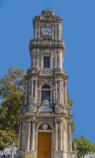 Four story clock tower in Istanbul park commissioned by Sultan Abdulhamid II in the early 19th