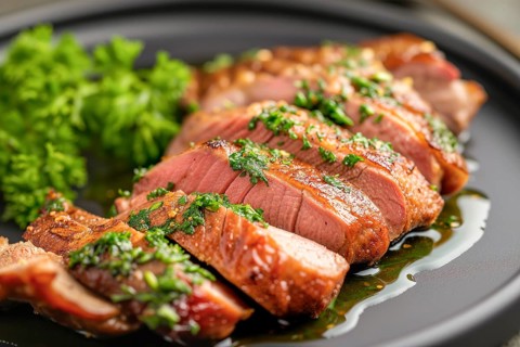 Succulent roast duck breast with parsley juice served on a dark platter, KI generated, AI generated