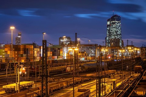Numerous wagons are parked at the Frankfurt East freight station, near the European Central Bank