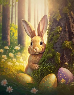 Cute bunny character hiding behind a tree in the green forest with Easter eggs among blooming