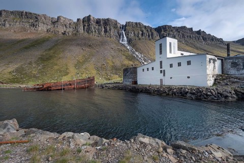 Baejararfoss waterfall, shipwreck, abandoned herring factory Djupavik, Reykjarfjoerour, Strandir,