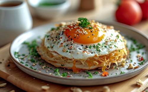 Golden hash browns topped with a sunny-side-up egg, garnished with sesame seeds, AI generated