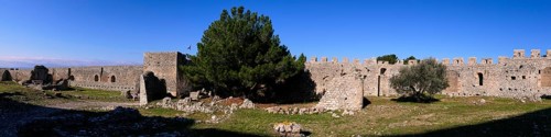 Panoramic picture of an old fortress, Chlemoutsi, High Medieval Crusader castle, Kyllini peninsula,