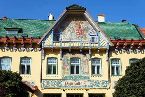 Detailed view of an Art Nouveau cultural centre with relief-like murals on a sunny day, House of