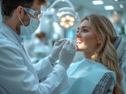 A patient is treated in a dental practice by a dentist, AI generated