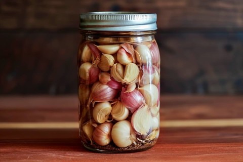 A glass jar filled with pickled garlic cloves and shallots on a rustic wooden background, KI